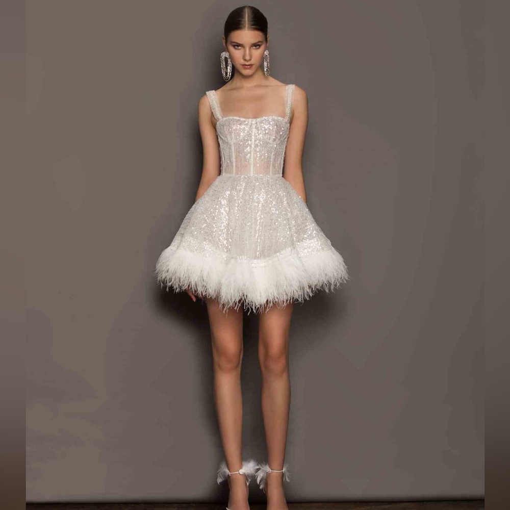 Bronx and Banco White Feathered Mini Wedding Dress